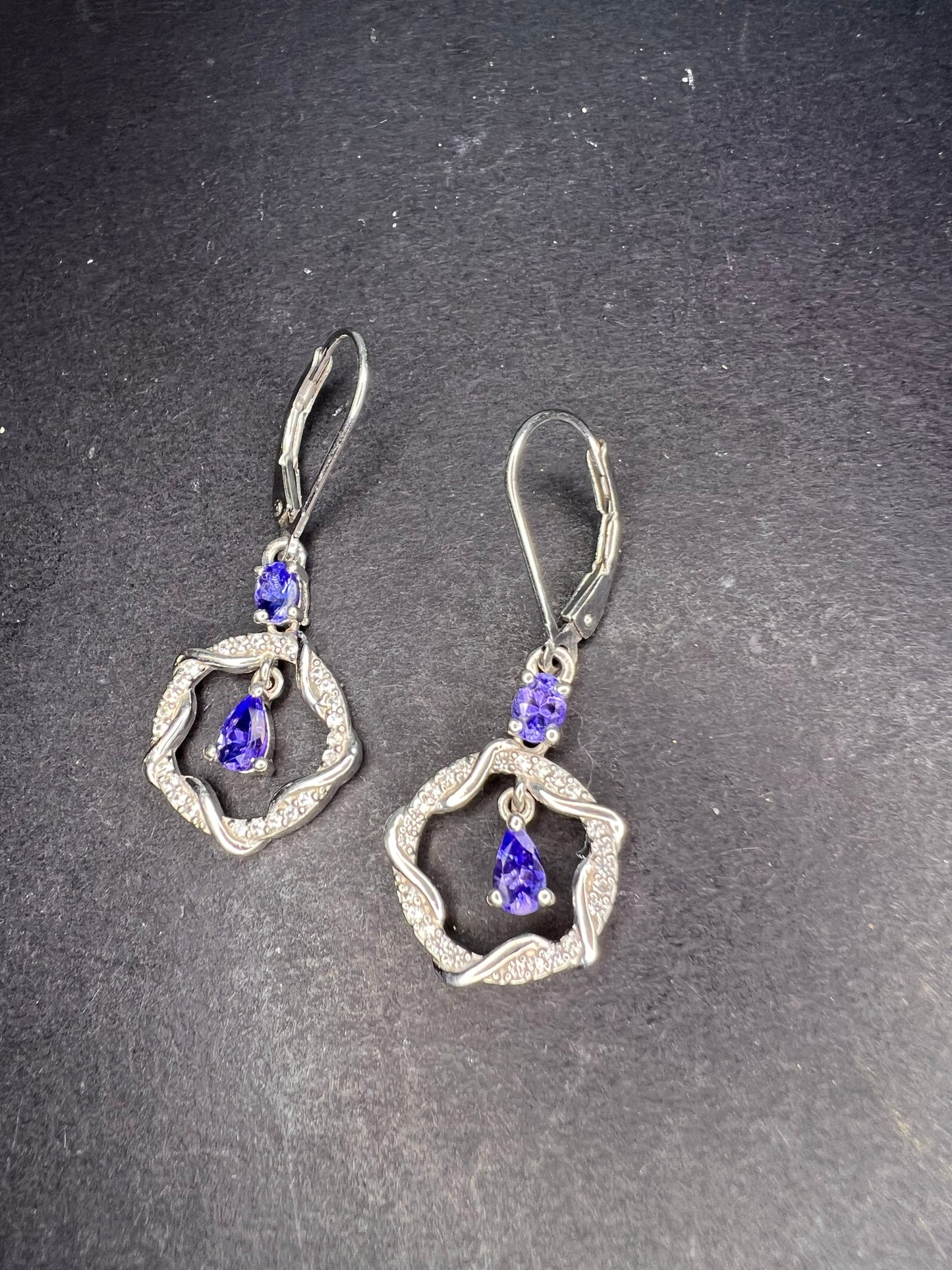 Tanzanite and diamond sterling silver drop earrings