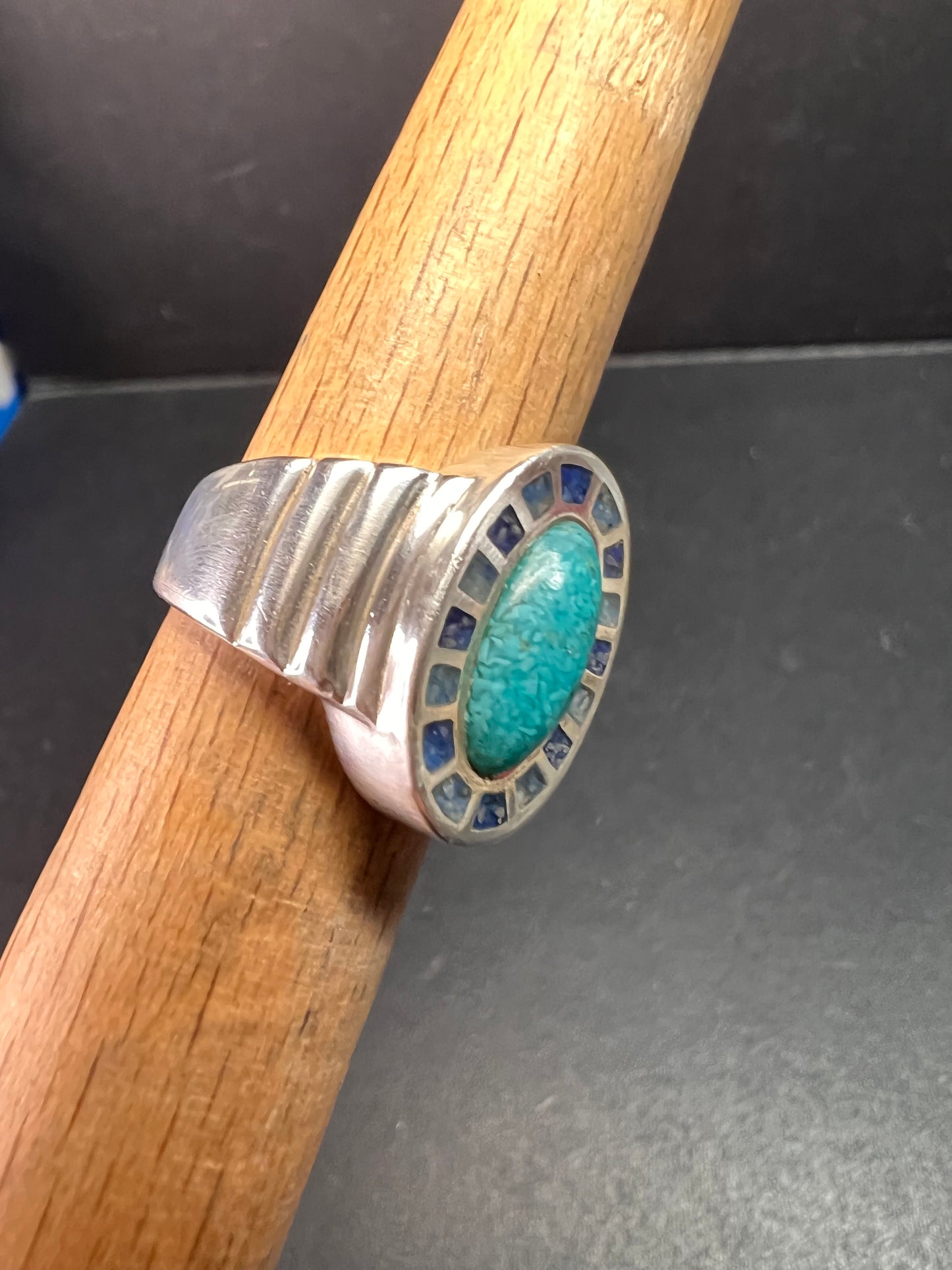 Vintage Sterling Silver Coleman Co. Turquoise & Lapis Mosaic Inlay Ring – Size 7