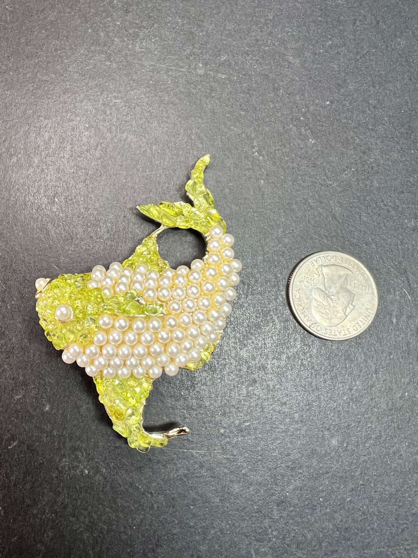 Vintage Faux Pearl & Genuine Peridot Fish Brooch Statement Pin