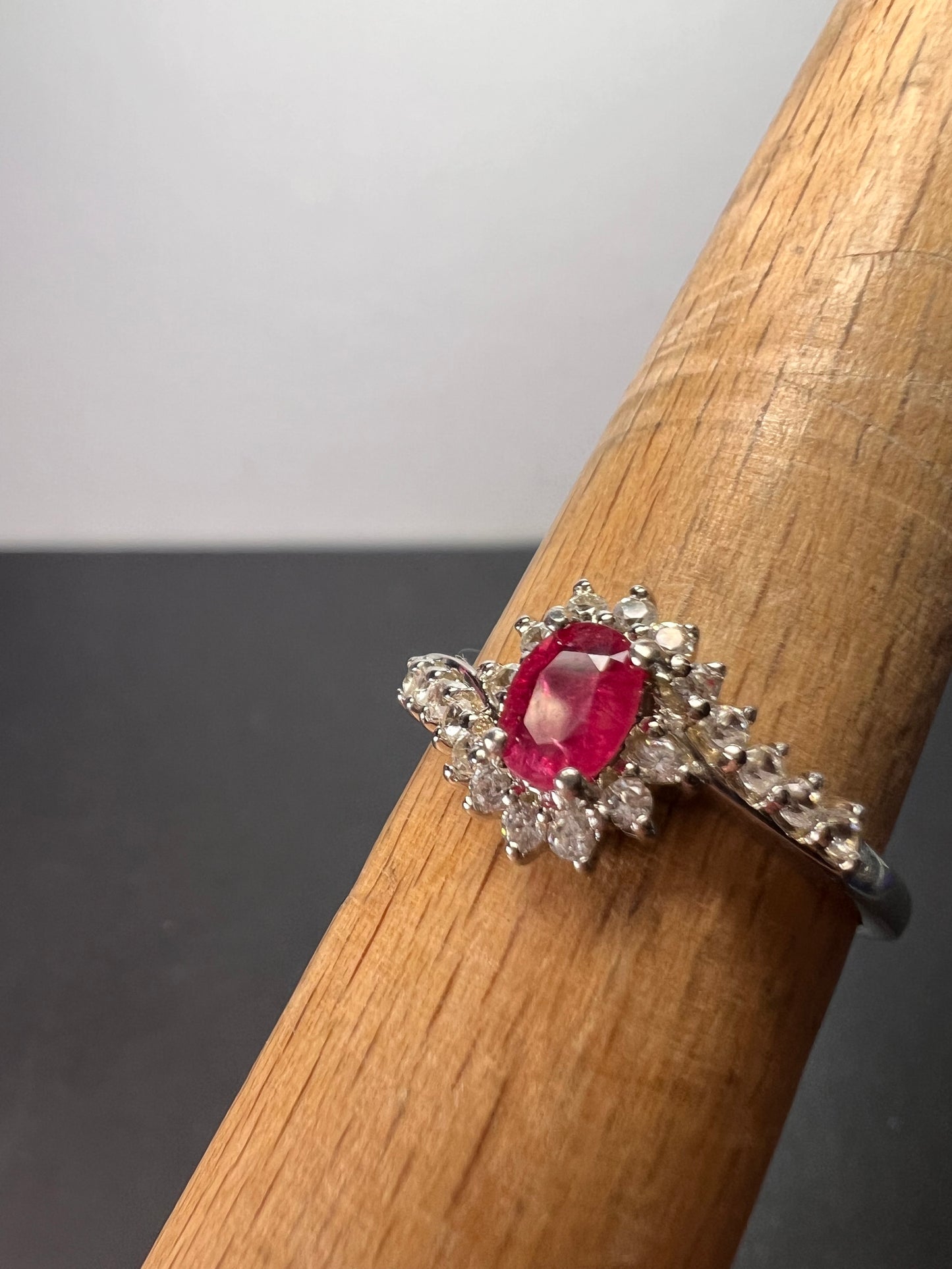 Mozambique ruby and zircon sunburst ring in platinum over sterling silver size 8 *NEW*