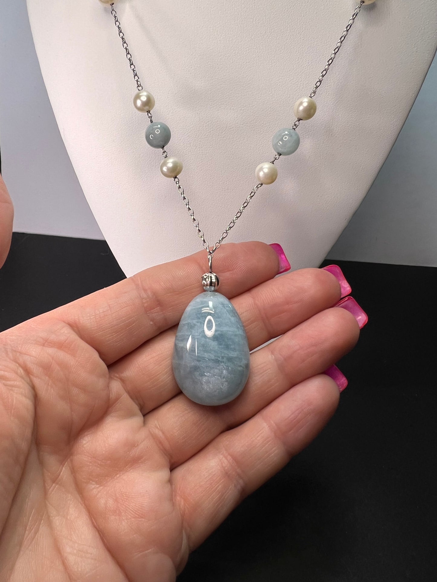 Aquamarine and pearl sterling silver station necklace