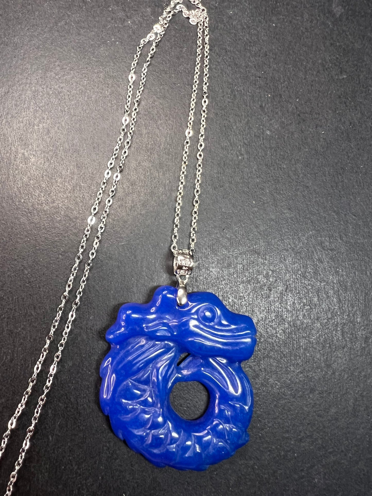 NEW Blue Jade dragon sterling silver pendant and chain