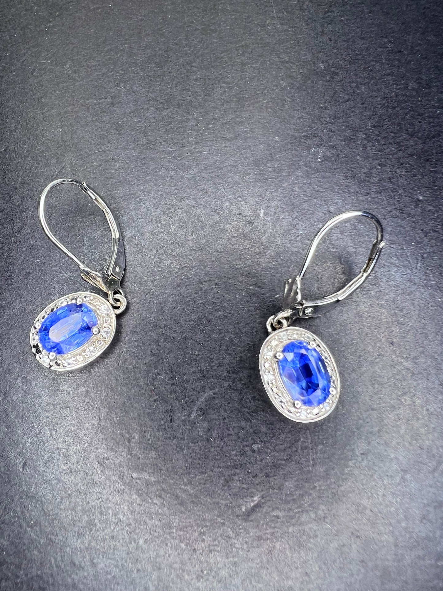 Blue kyanite sterling silver  lever back halo earrings