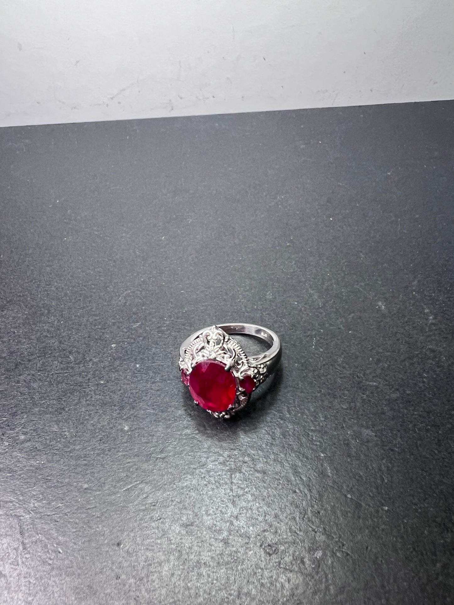 Ruby and white topaz sterling silver cocktail ring size 9