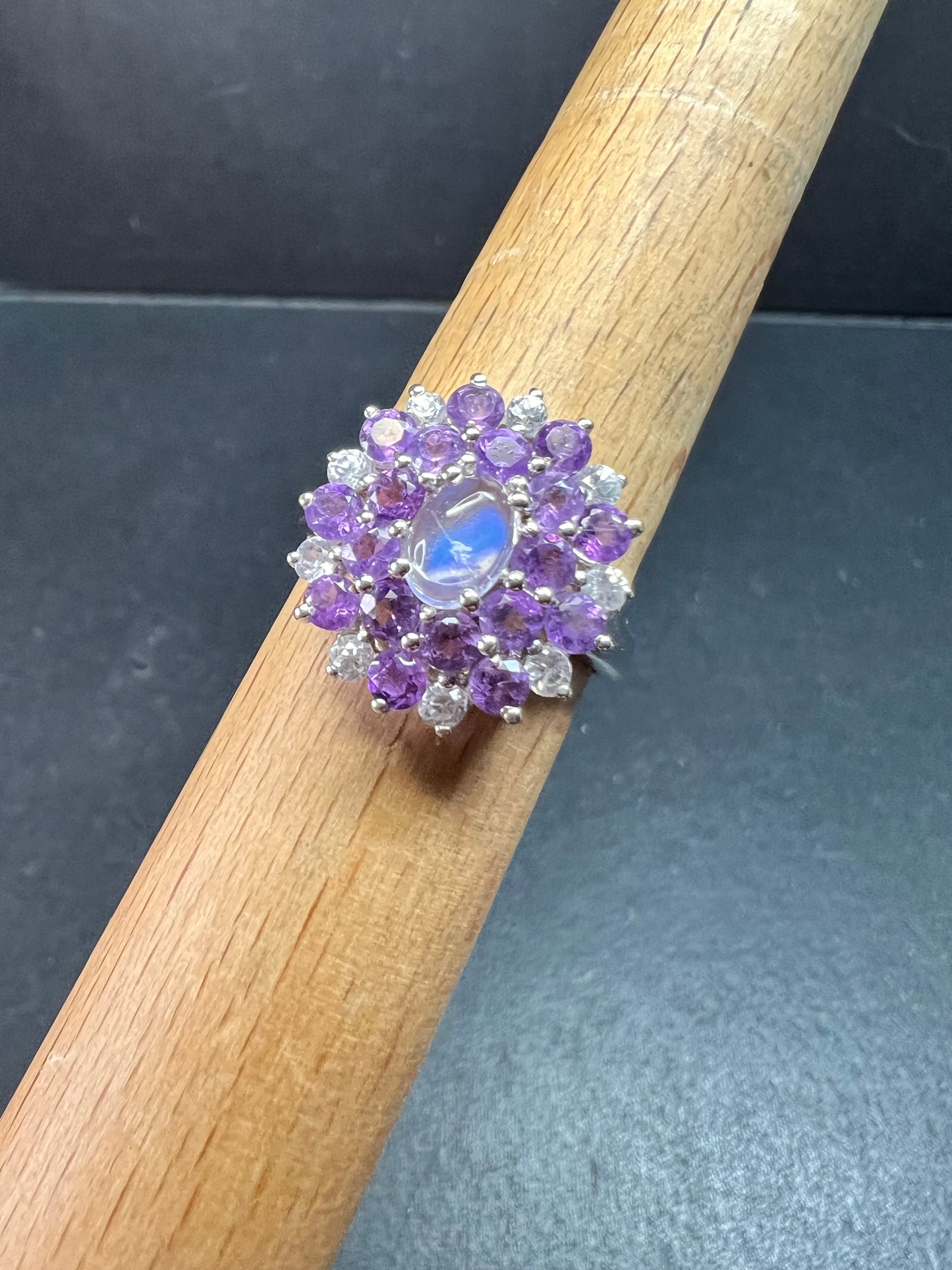 Rainbow Moonstone Amethyst White Topaz Sterling Ring Sz 9
