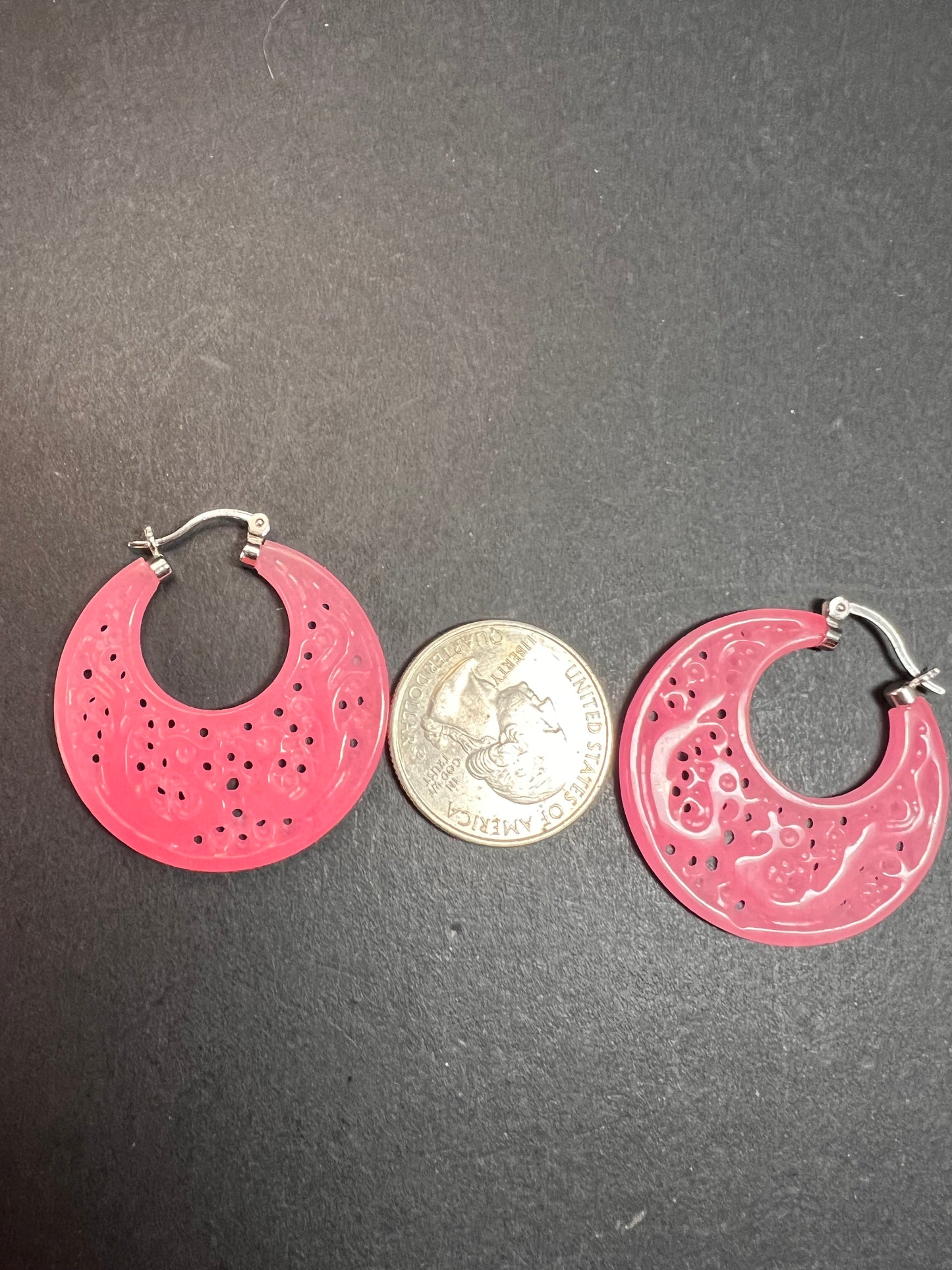 NEW pink jade carved dragon hoop earrings with sterling silver closures