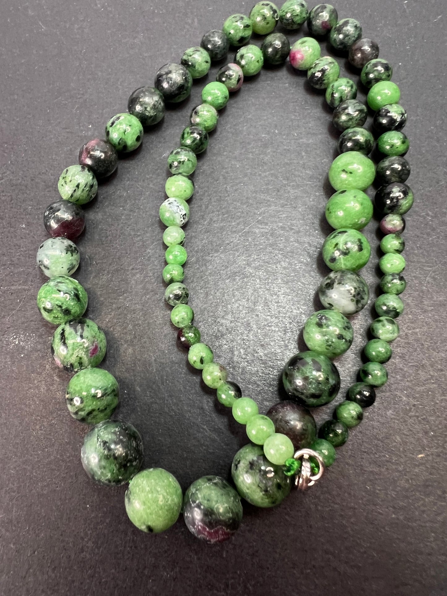 Ruby in zoisite graduated necklace with sterling silver clasp