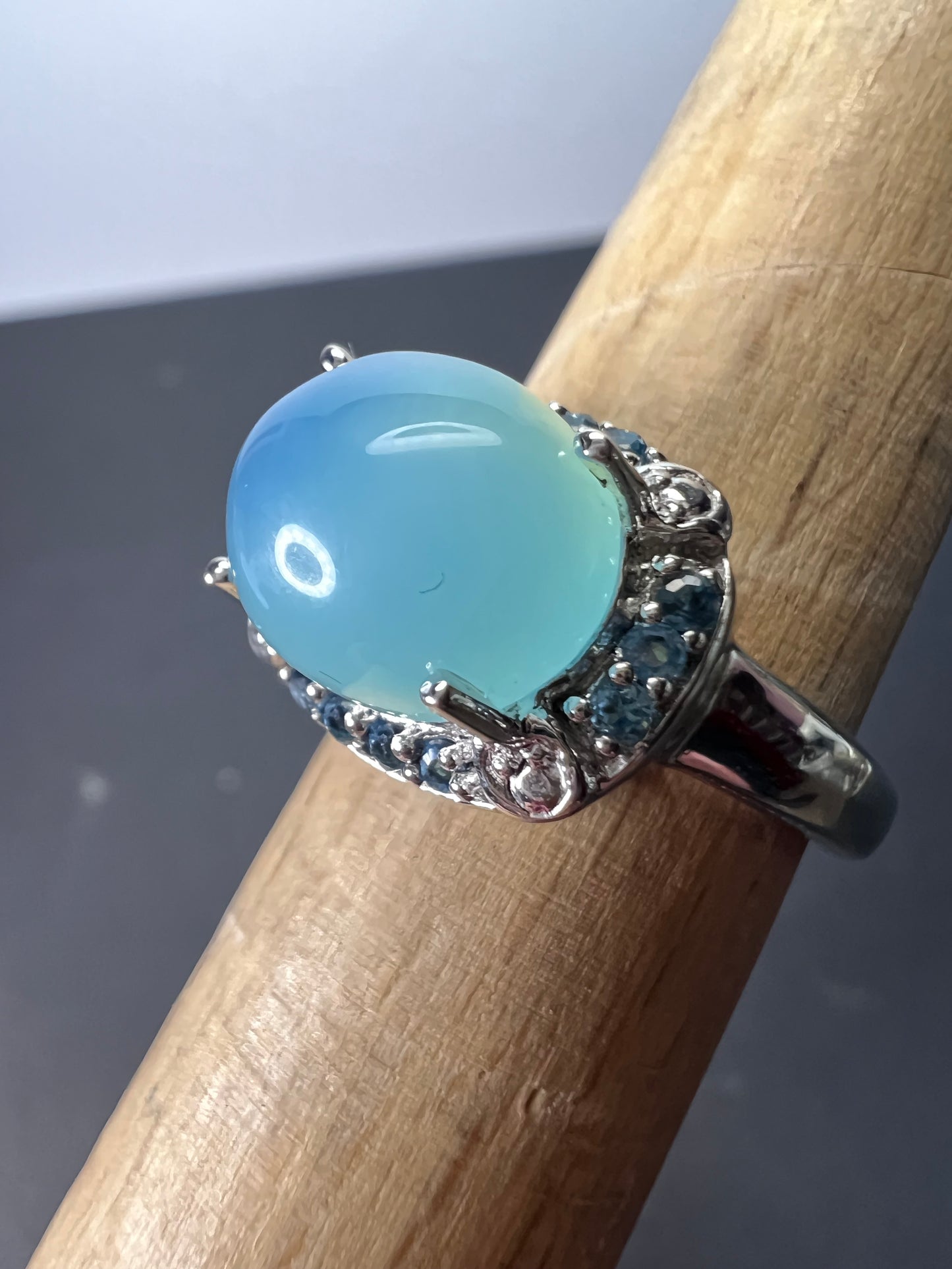 Aqua blue chalcedony blue topaz sterling silver halo ring size 7