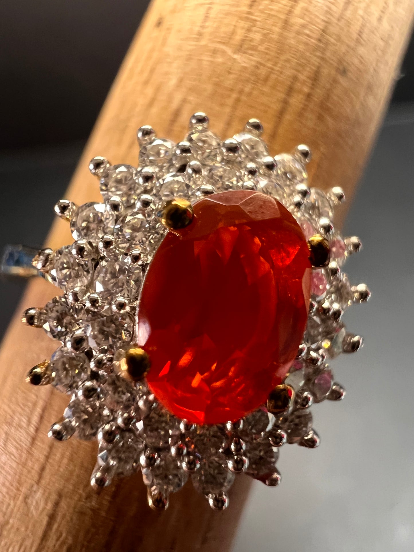 NEW Mexican Cherry fire opal and moissanite double halo ring in vermeil yellow gold over sterling silver size 5