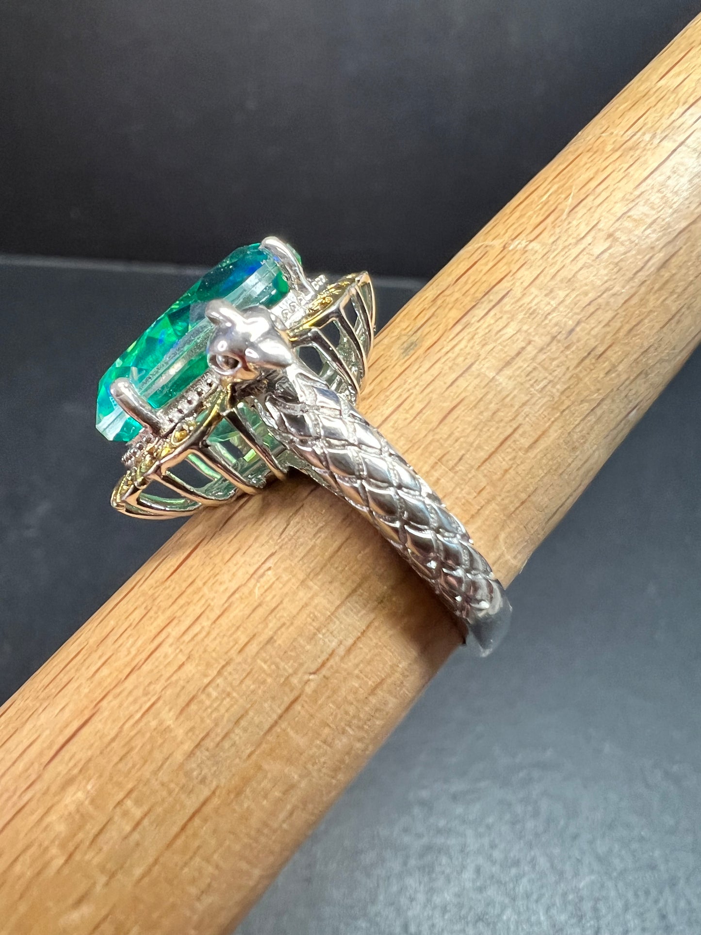 Sterling Silver Peacock Quartz Statement Ring Size 9