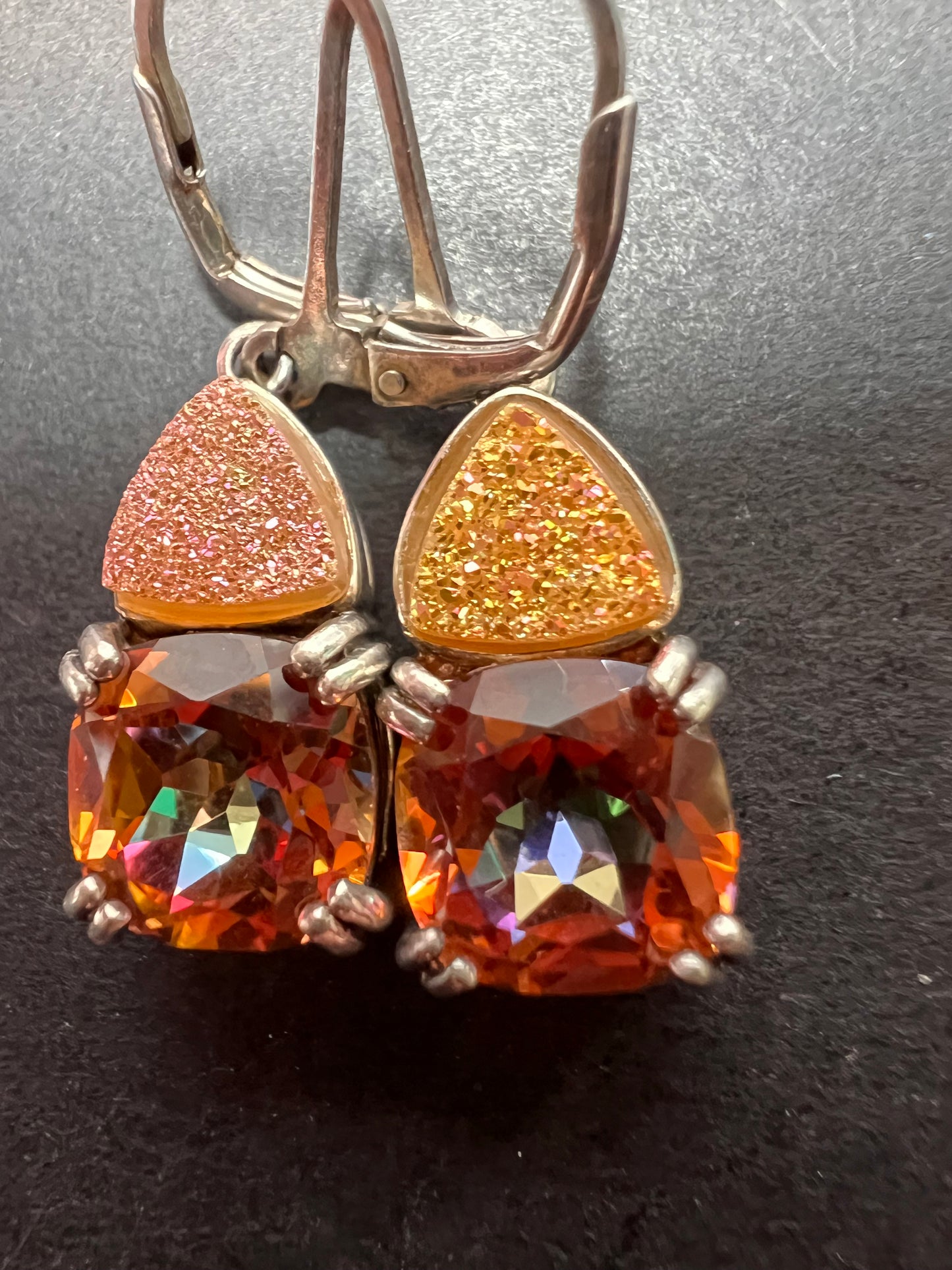 Orange mystic quartz gemstone and druzy sterling silver earrings