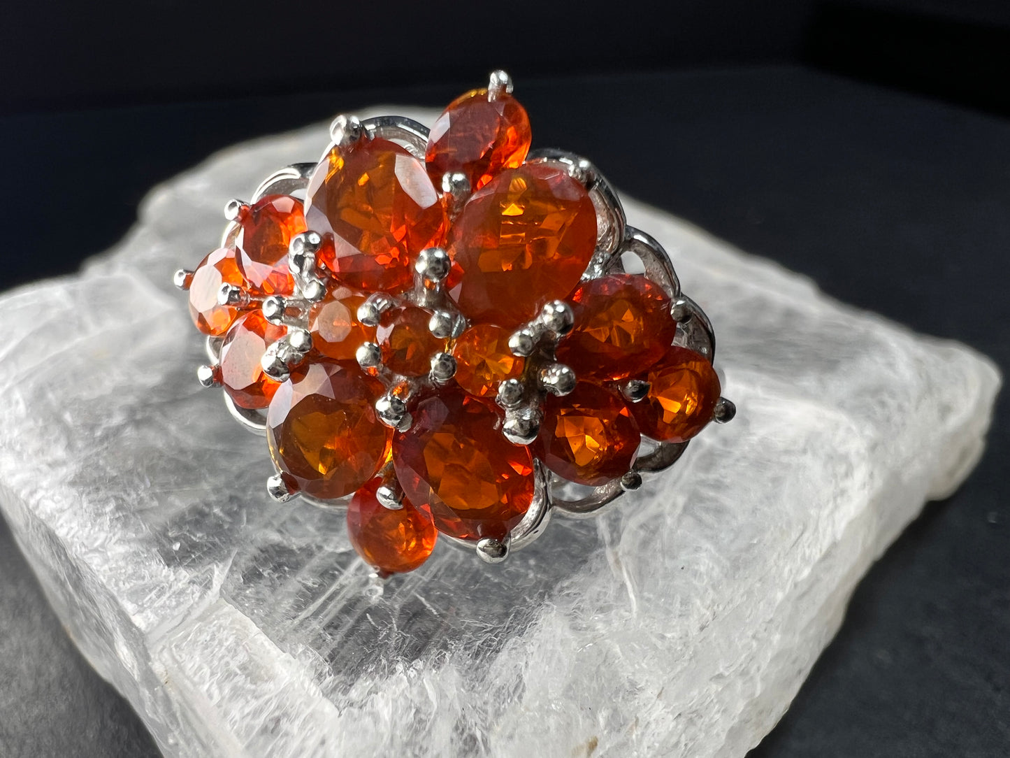 Vintage Sterling Silver Mexican Fire Opal Floral Cluster Ring Sz 9