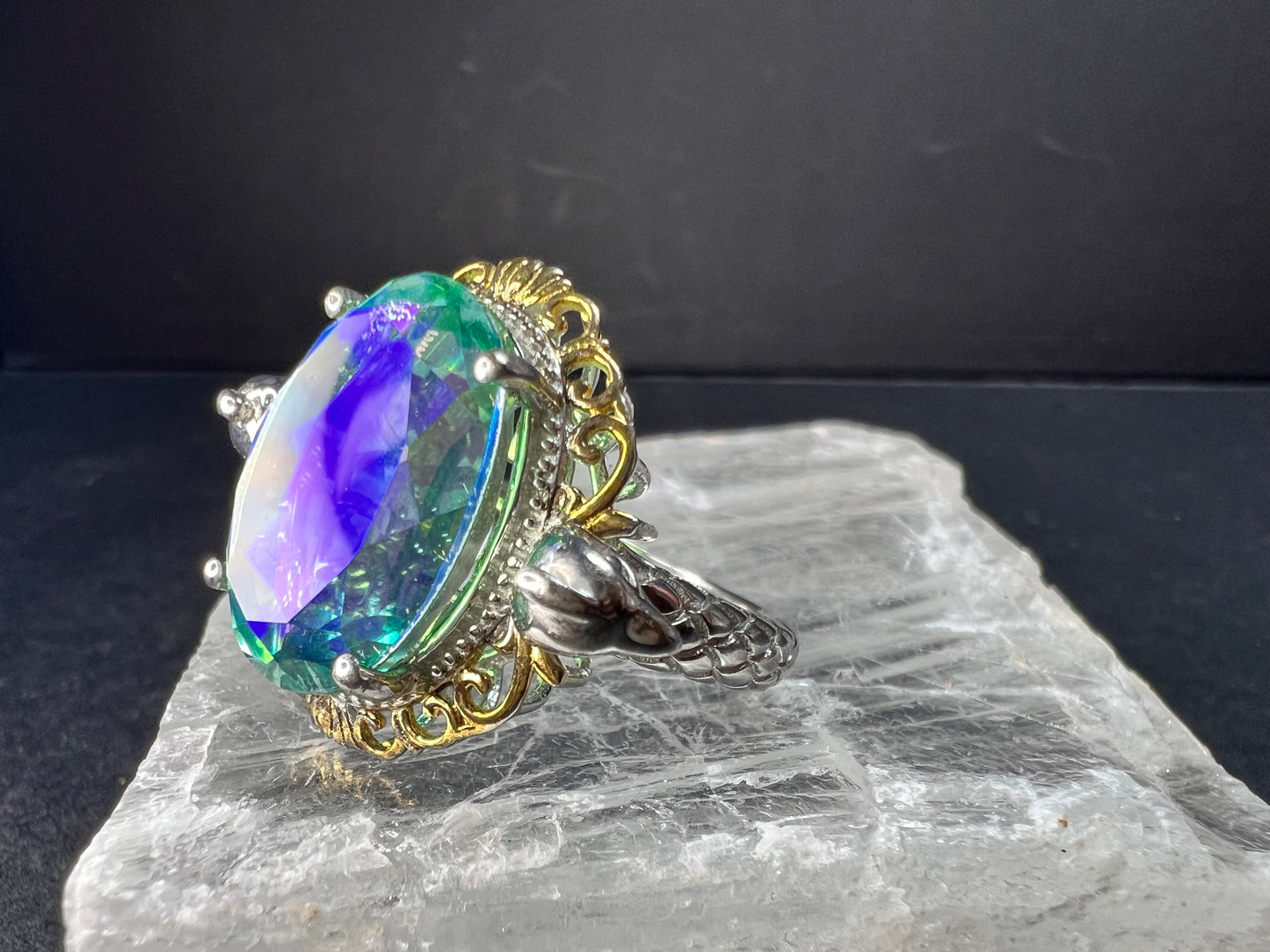 Sterling Silver Peacock Quartz Statement Ring Size 9