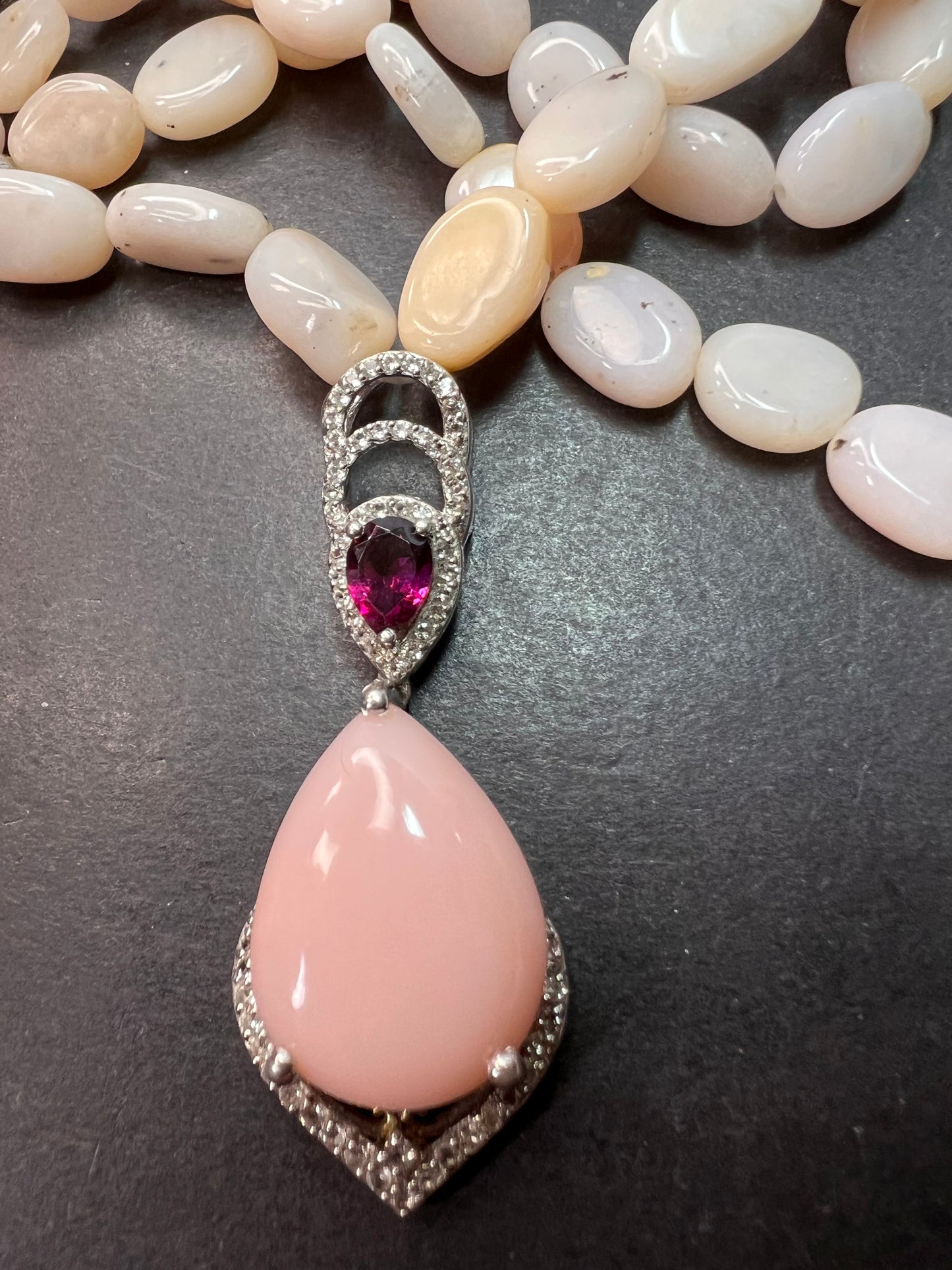 Peruvian pink opal and raspberry rhodolite garnet sterling silver necklace