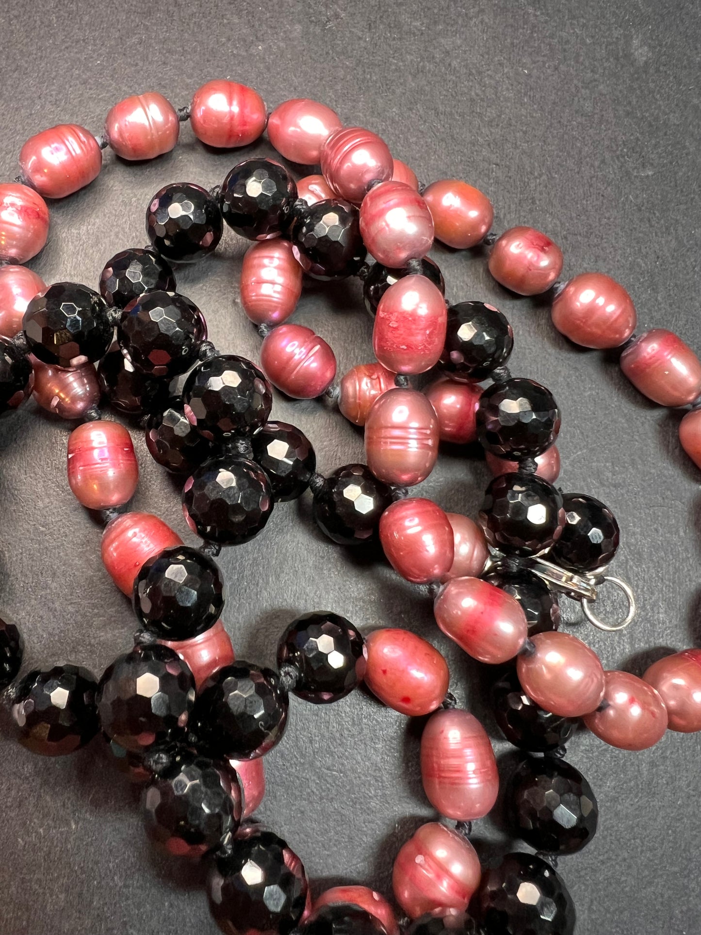 NEW freshwater pearl and black tourmaline 36 inch necklace with sterling silver clasp