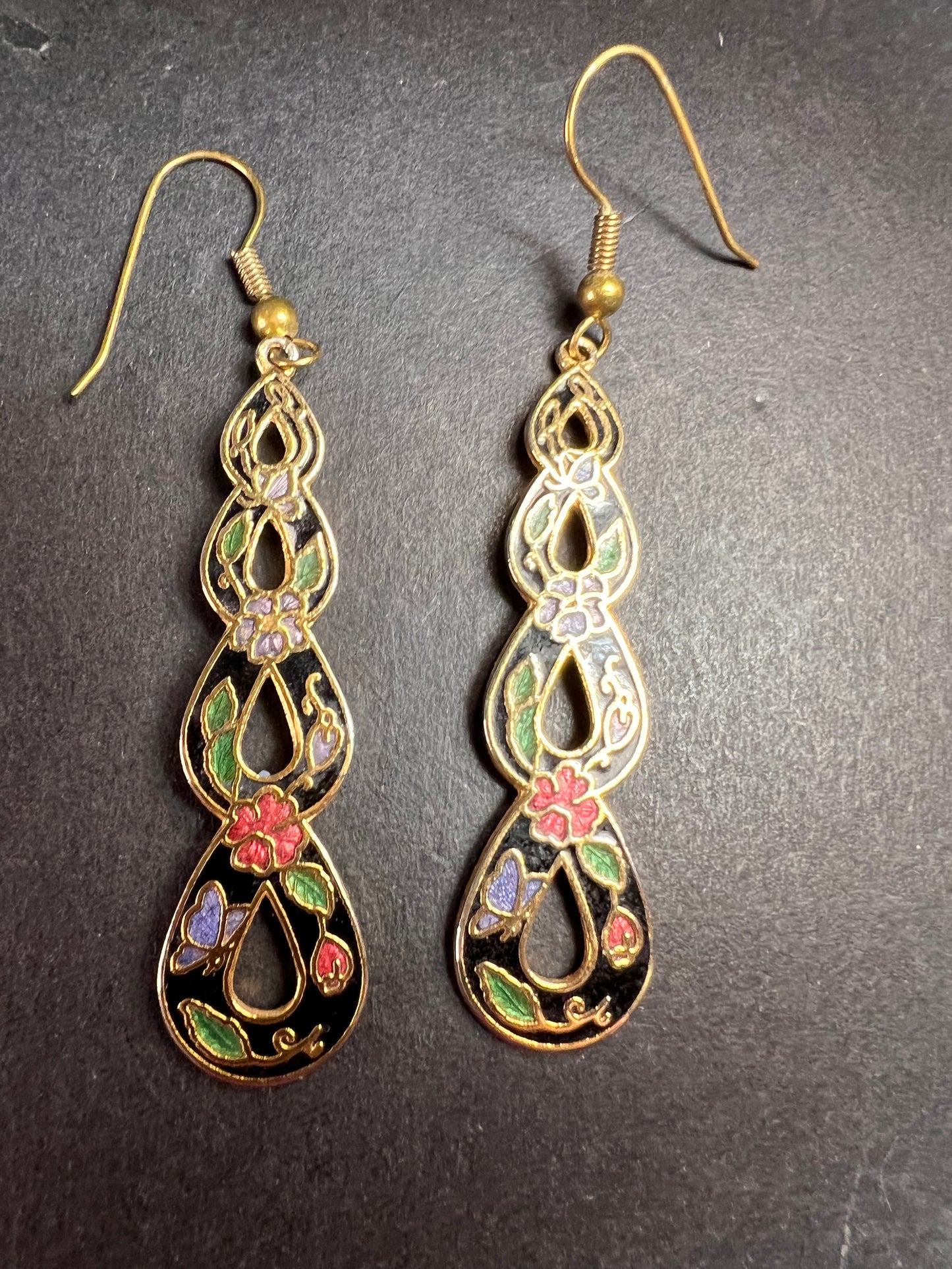 Vintage cloisonné butterfly garden dangling earrings