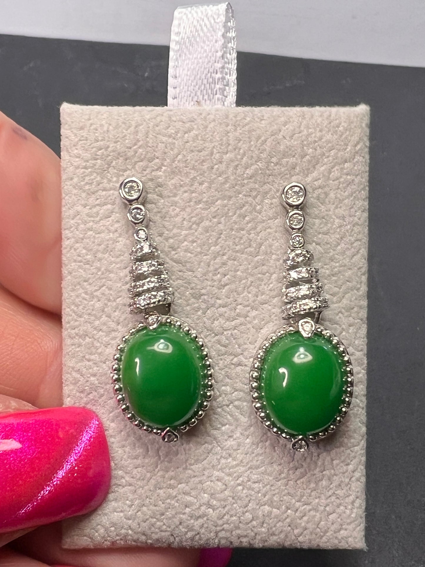 Green jade spiral drop sterling earrings