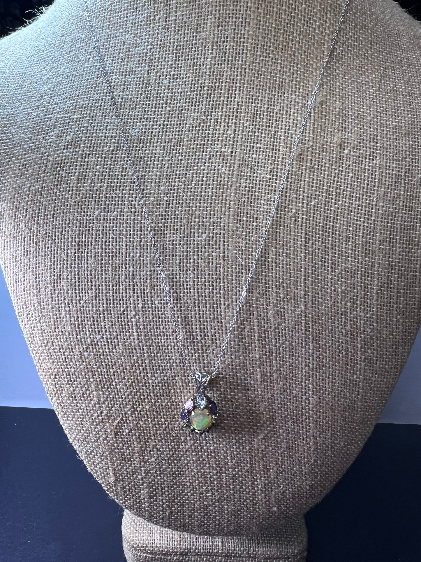 Ethiopian opal multi stone sterling silver halo pendant necklace