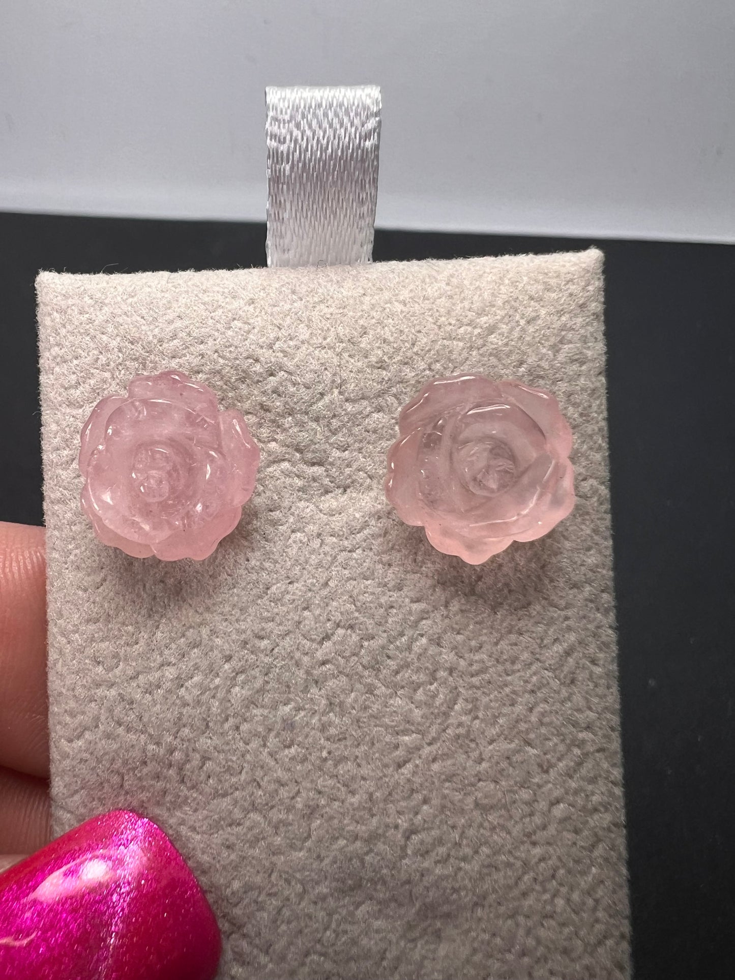 Rose quartz carved roses stud earrings with sterling silver posts