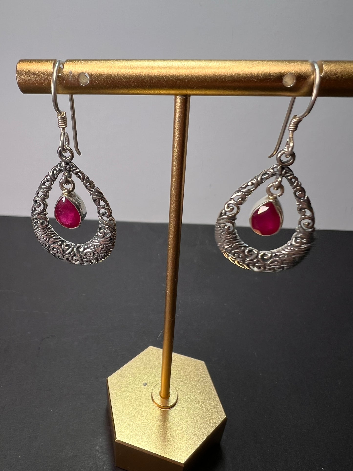 Ruby sterling silver open tear drop earrings