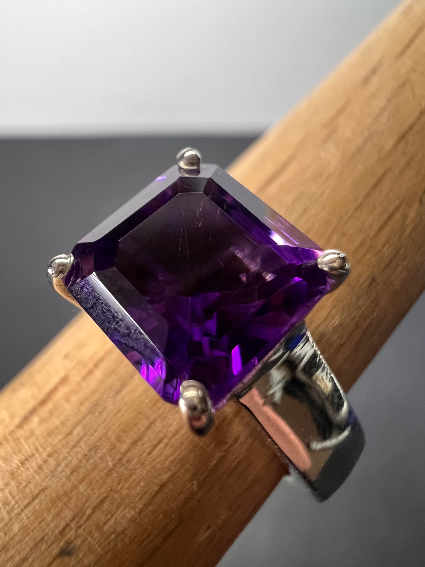 Asscher cut Moroccan amethyst solitaire ring in platinum over sterling silver size 5 *NEW*