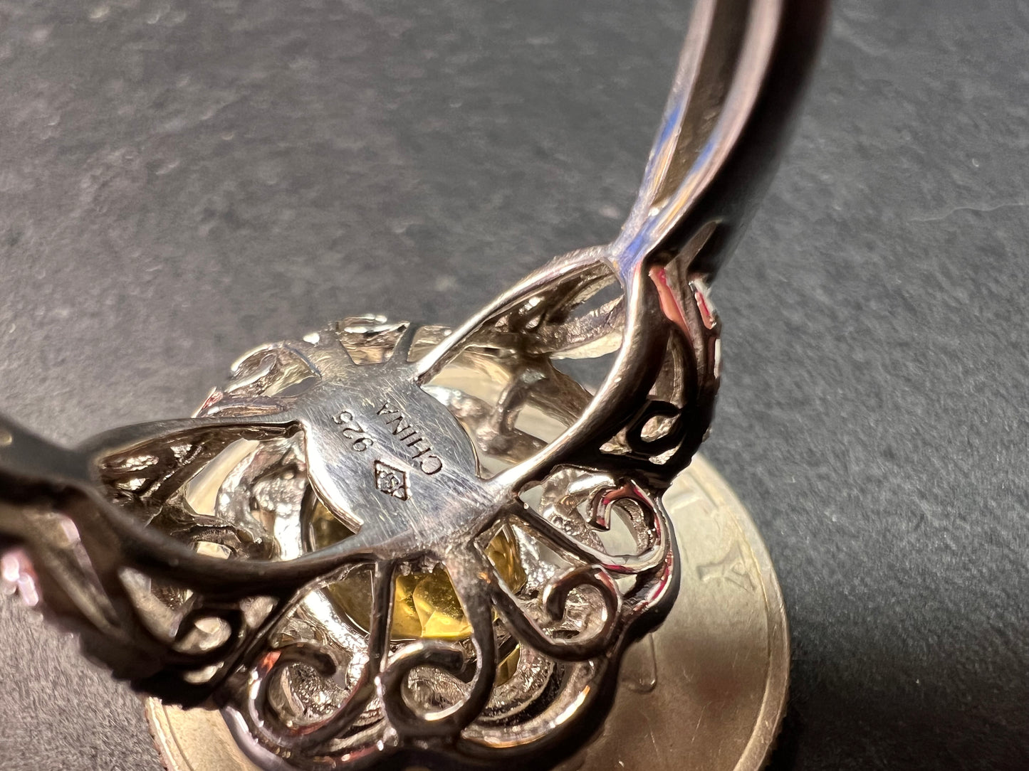 Citrine & Diamond Sterling Silver Scalloped Halo Ring Size 9