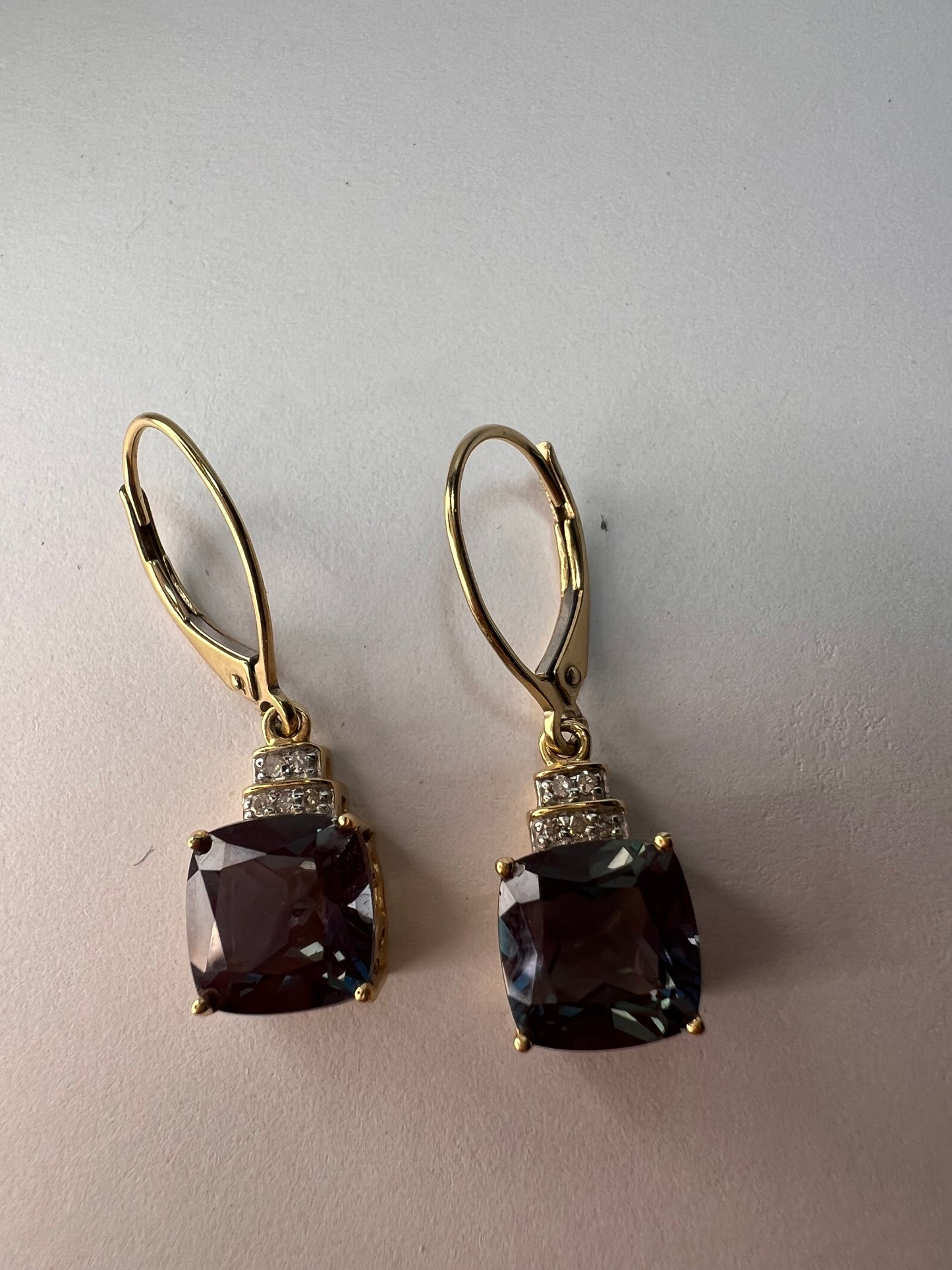 10k gold Lab alexandrite and diamond lever back earrings