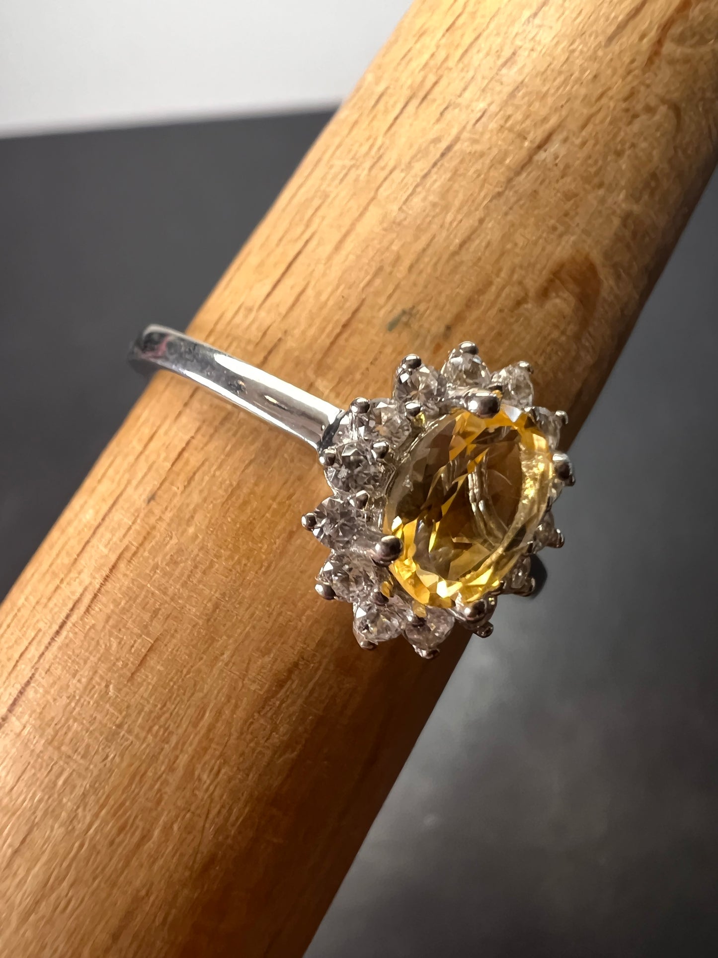 Brazilian citrine and zircon halo ring in platinum over sterling silver size 9 *NEW*