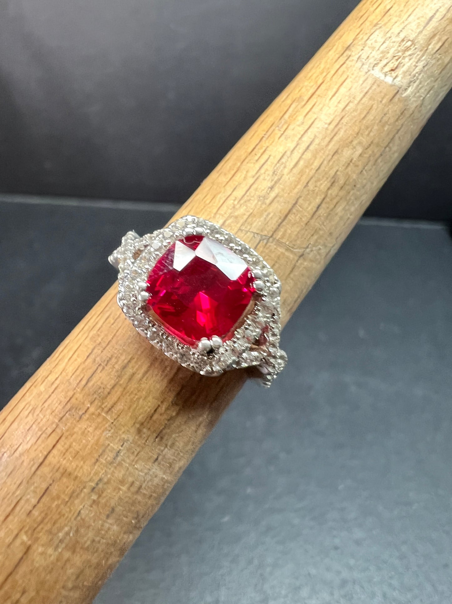 Sterling Silver Lab Ruby Halo Ring Size 7 DHJ 925