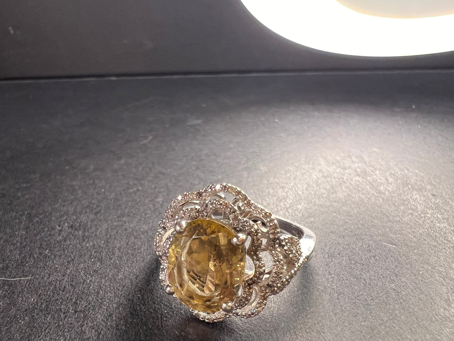 Citrine & Diamond Sterling Silver Scalloped Halo Ring Size 9