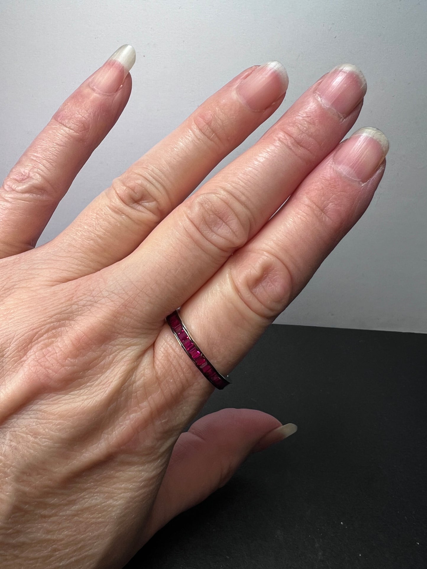 Lab pink sapphire eternity band stacker ring in sterling silver size 11