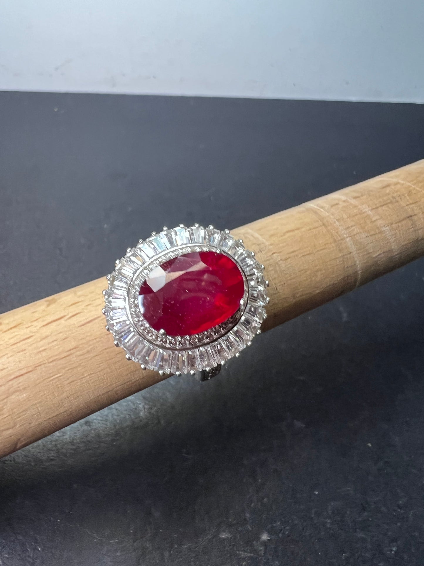 Niassa Ruby (FF) and White Zircon Ballerina Ring in Platinum Over Sterling Silver 10.00 ctw size 9