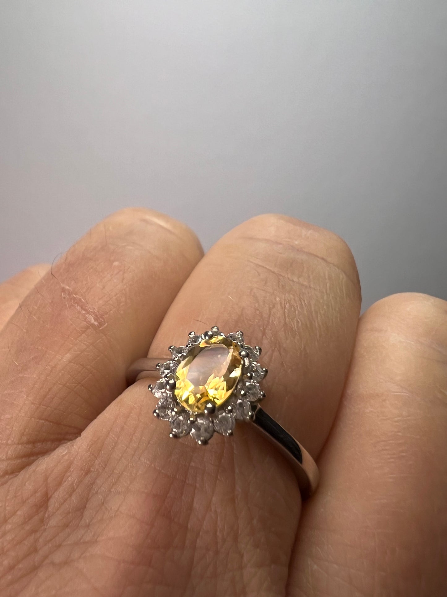 Brazilian citrine and zircon halo ring in platinum over sterling silver size 9 *NEW*