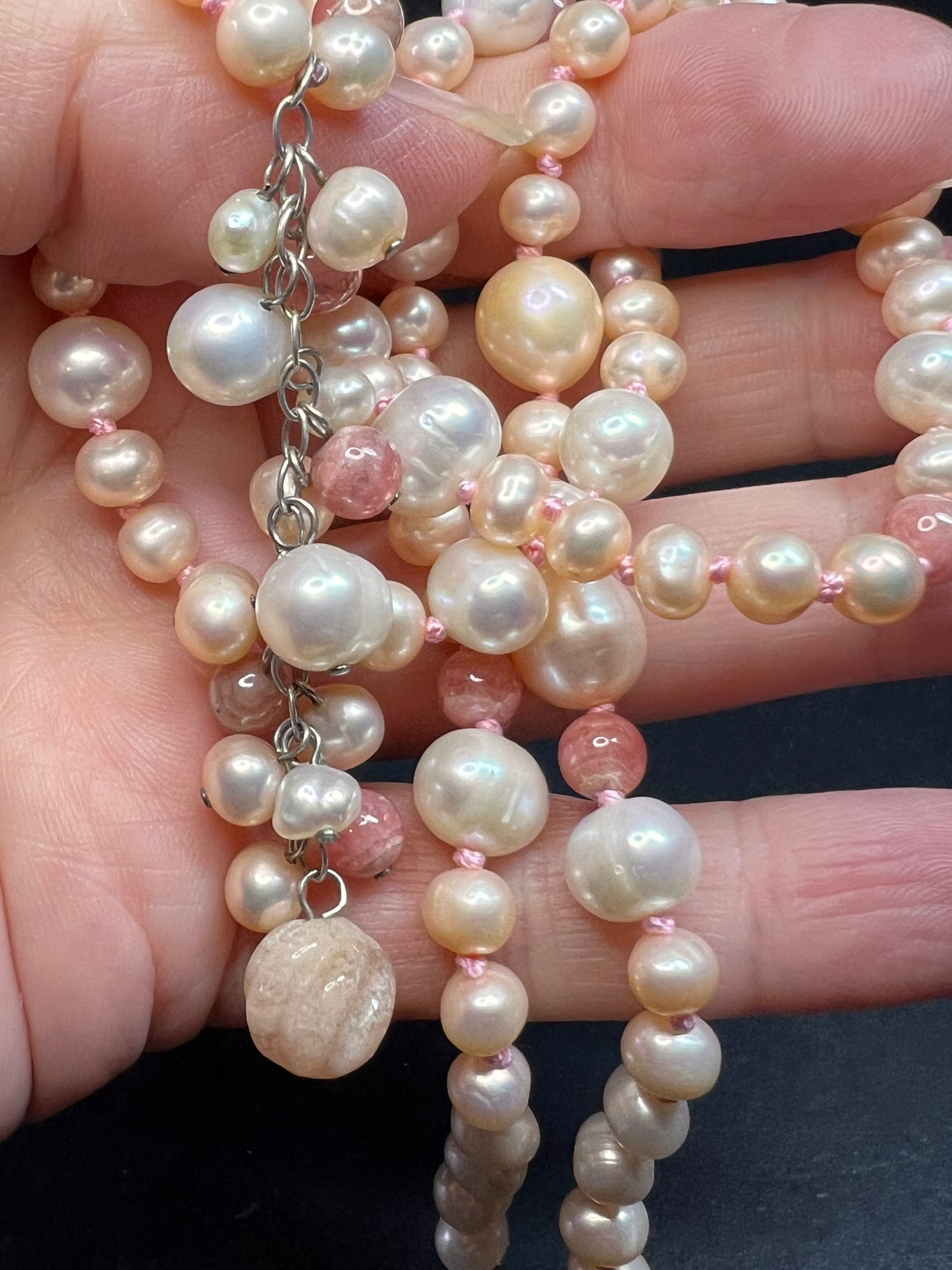 NEW freshwater pearl, rhodochrosite and morganite necklace with sterling silver clasp