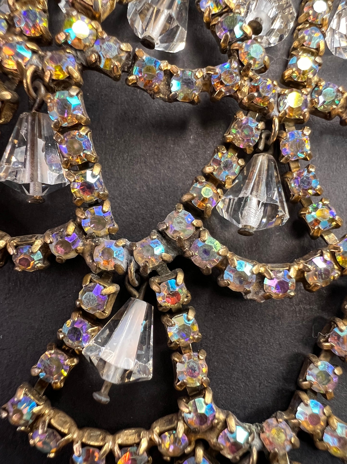 Vintage AB Rhinestone Bib Necklace Clear Glass Dangles Gold Tone