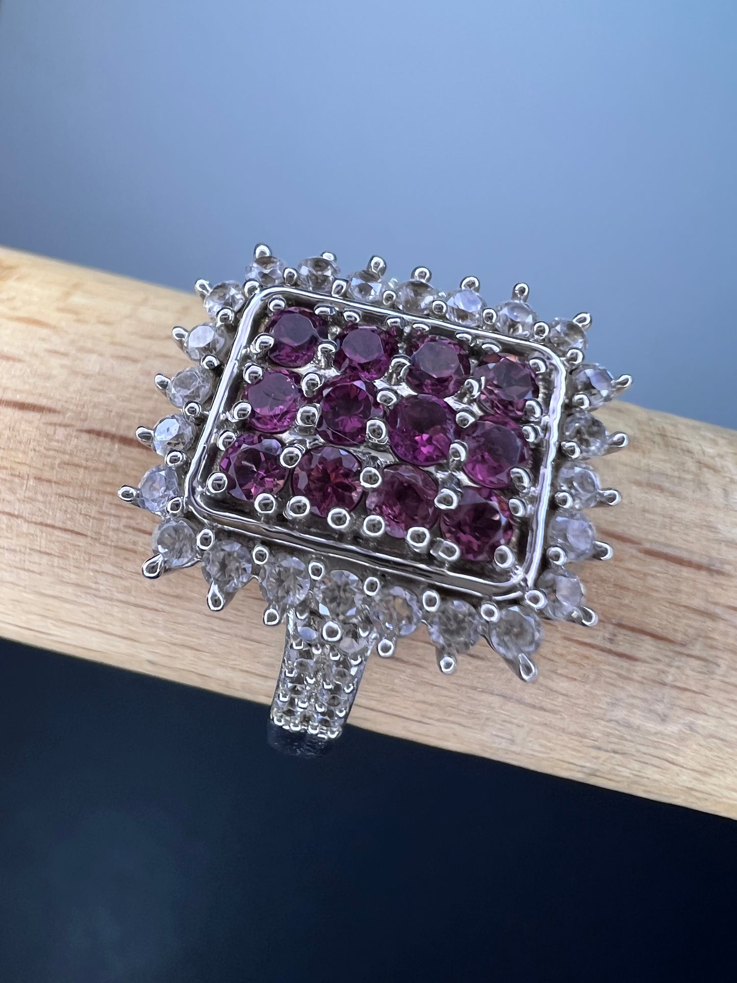 Pink tourmaline and white topaz sterling silver cluster ring size 9