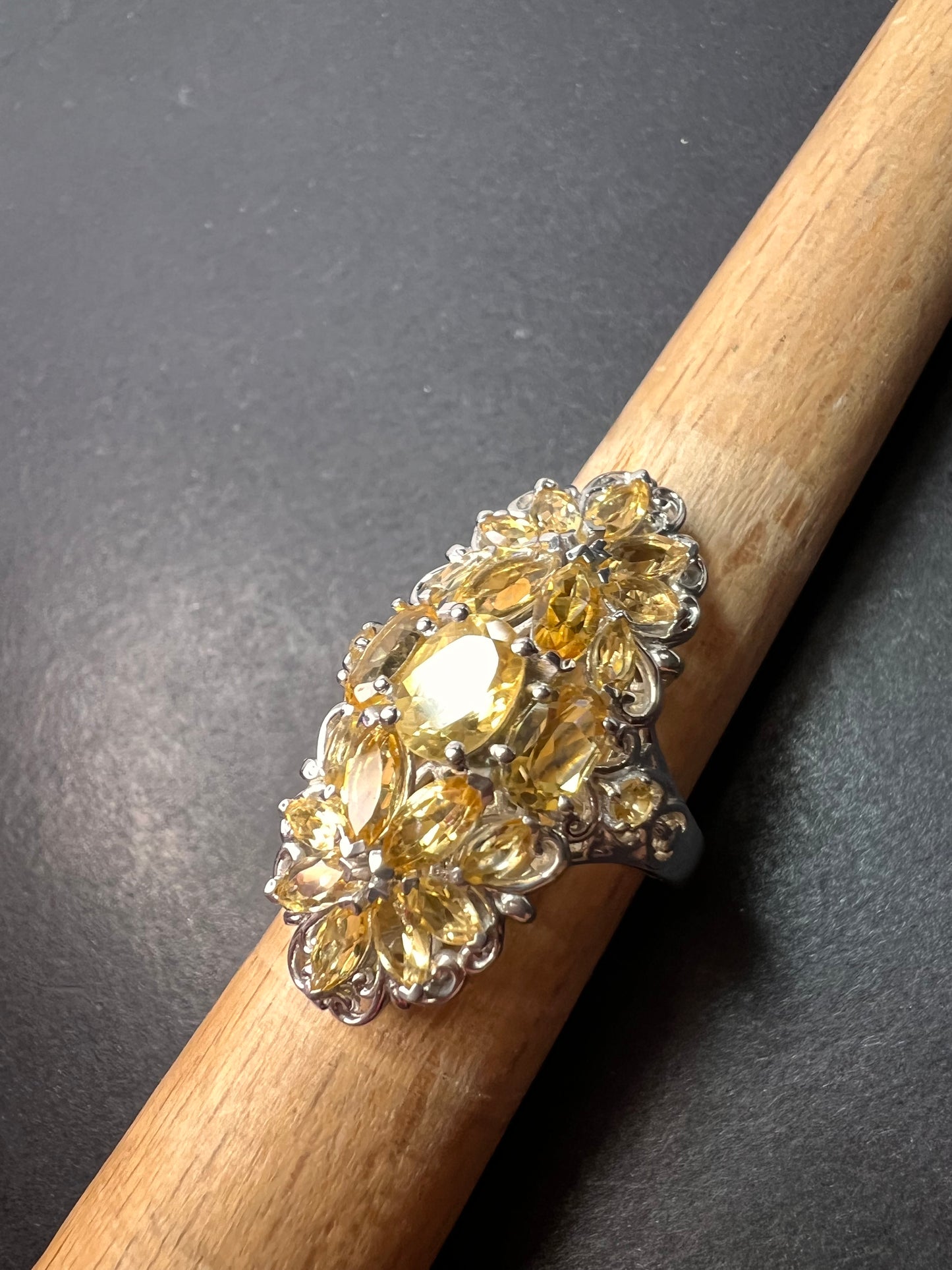 Brazilian citrine floral ring in platinum over sterling silver size 6 *NEW*