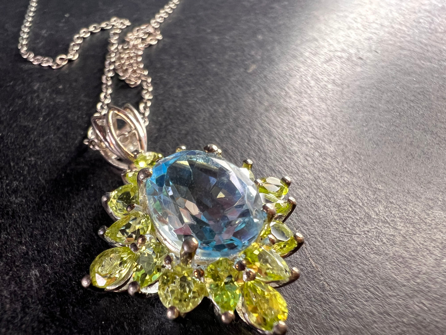 Vintage Blue Topaz & Peridot Sunburst Pendant Necklace – HT Sterling Silver