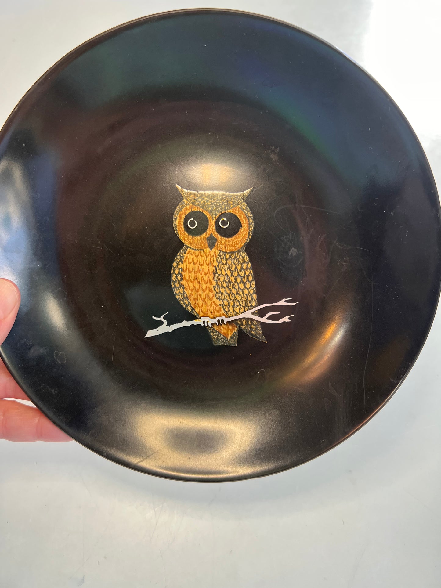 Vintage Couroc of Monterey Owl Inlay Bowl | MCM Black Resin Serving Dish 7.5"