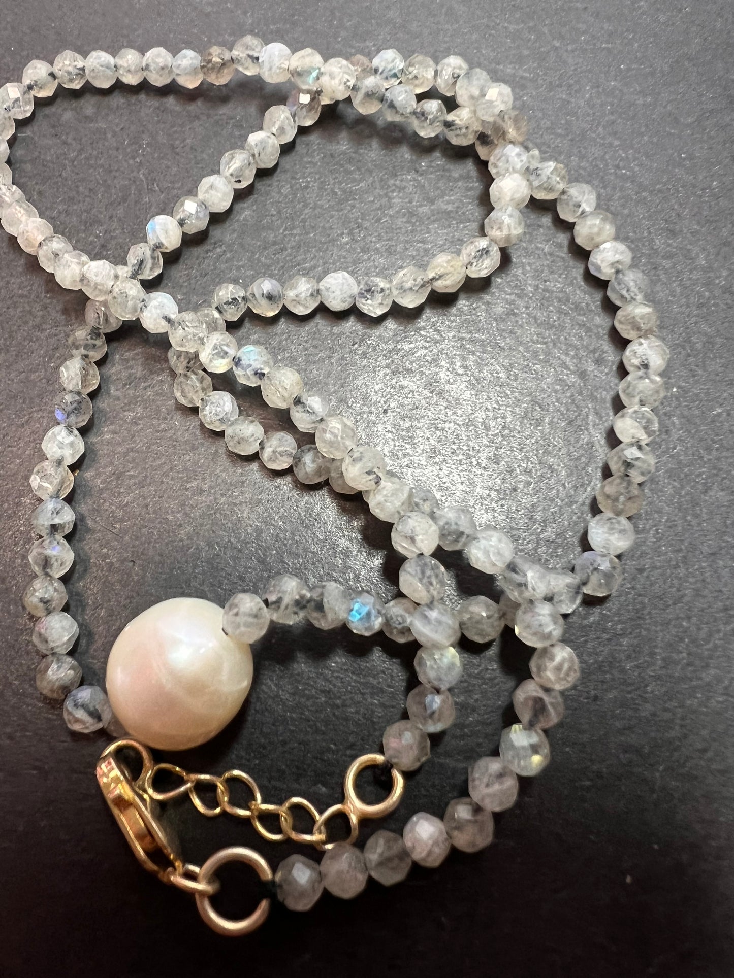 Labradorite and cultured pearl necklace with sterling silver lobster claw clasp