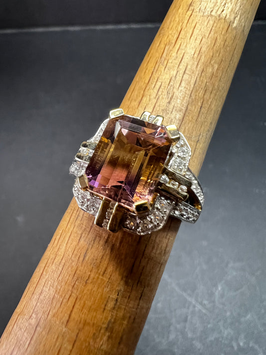 Vintage Ametrine Emerald Cut Ring Gold Over Sterling White Zircon Size 7