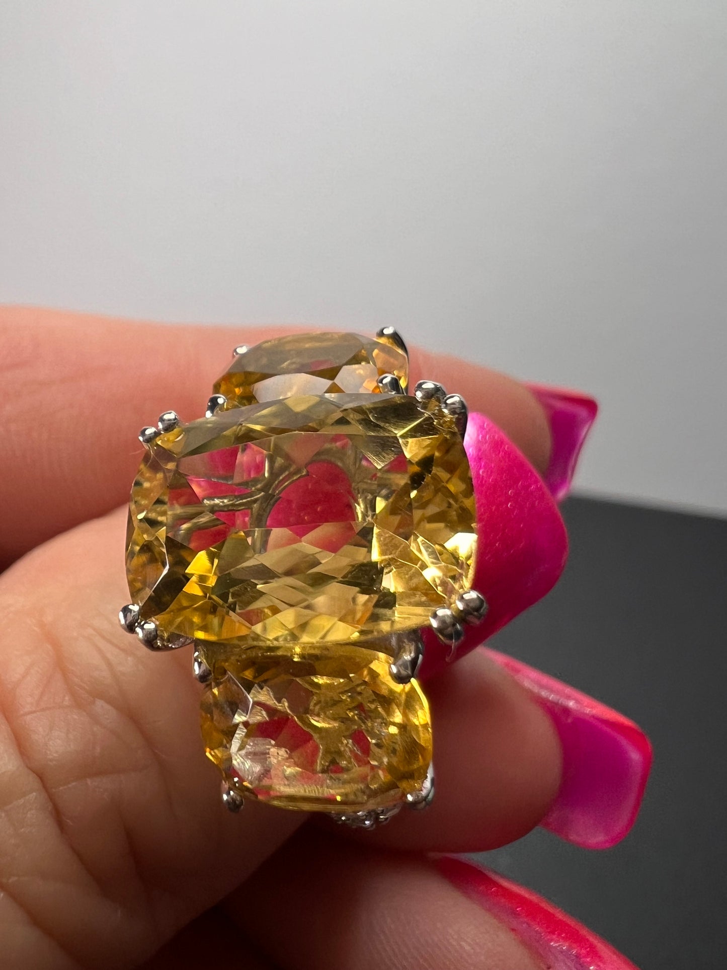 Brand new Brazilian citrine and white zircon 10.20 trilogy ring in platinum over sterling silver size 9