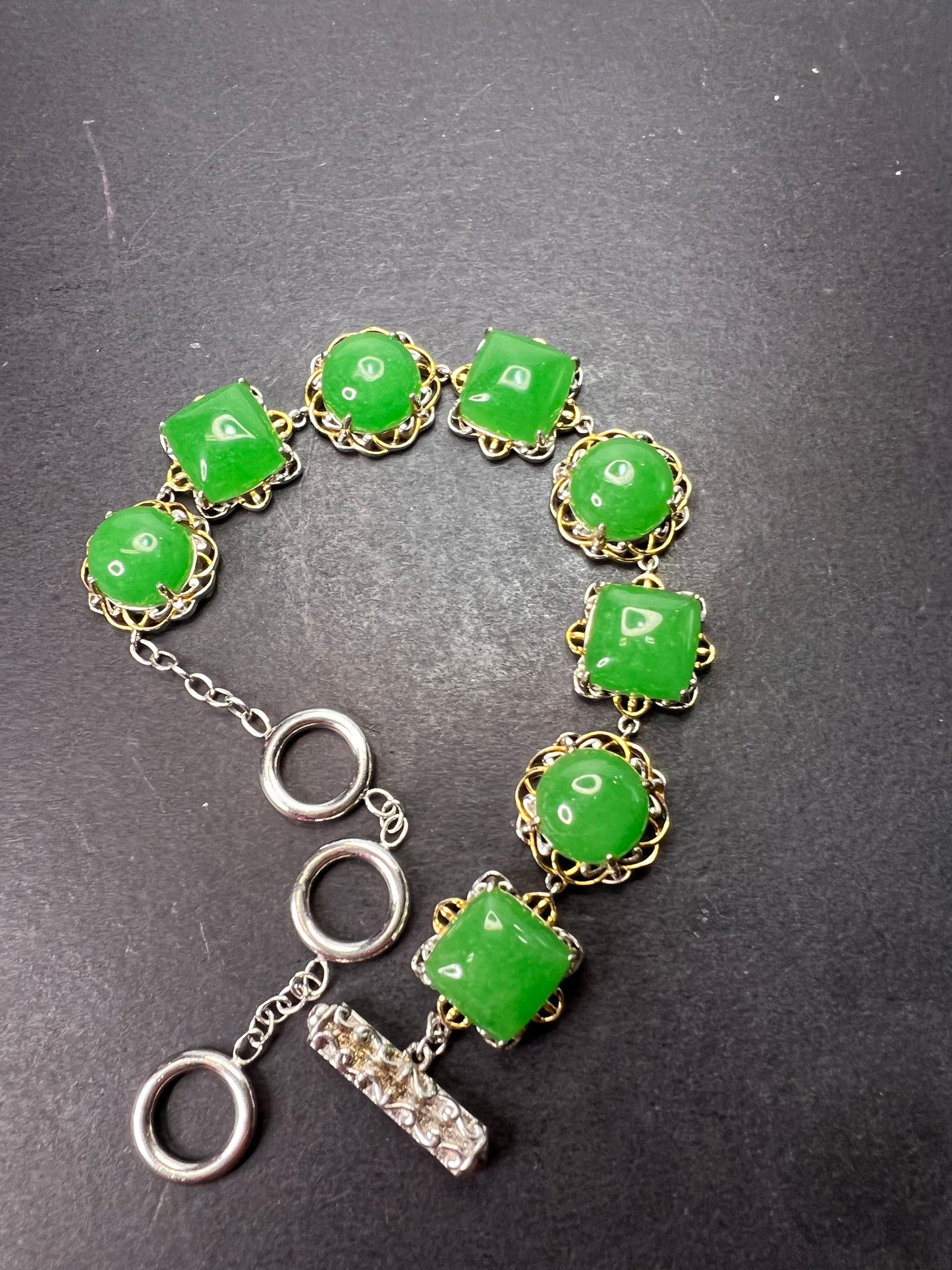 Green Jade two toned sterling silver toggle bracelet