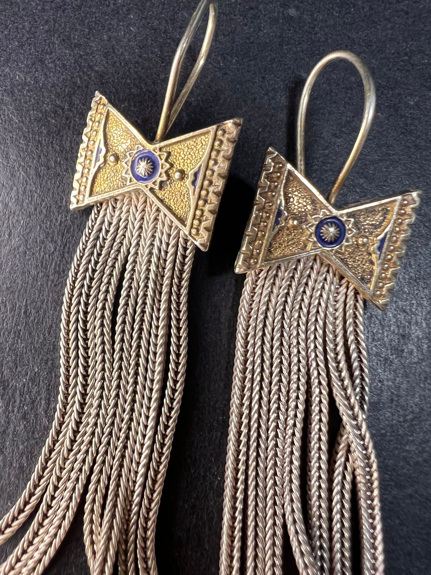 Vintage Turkish sterling silver foxtail fringe enamel bow earrings