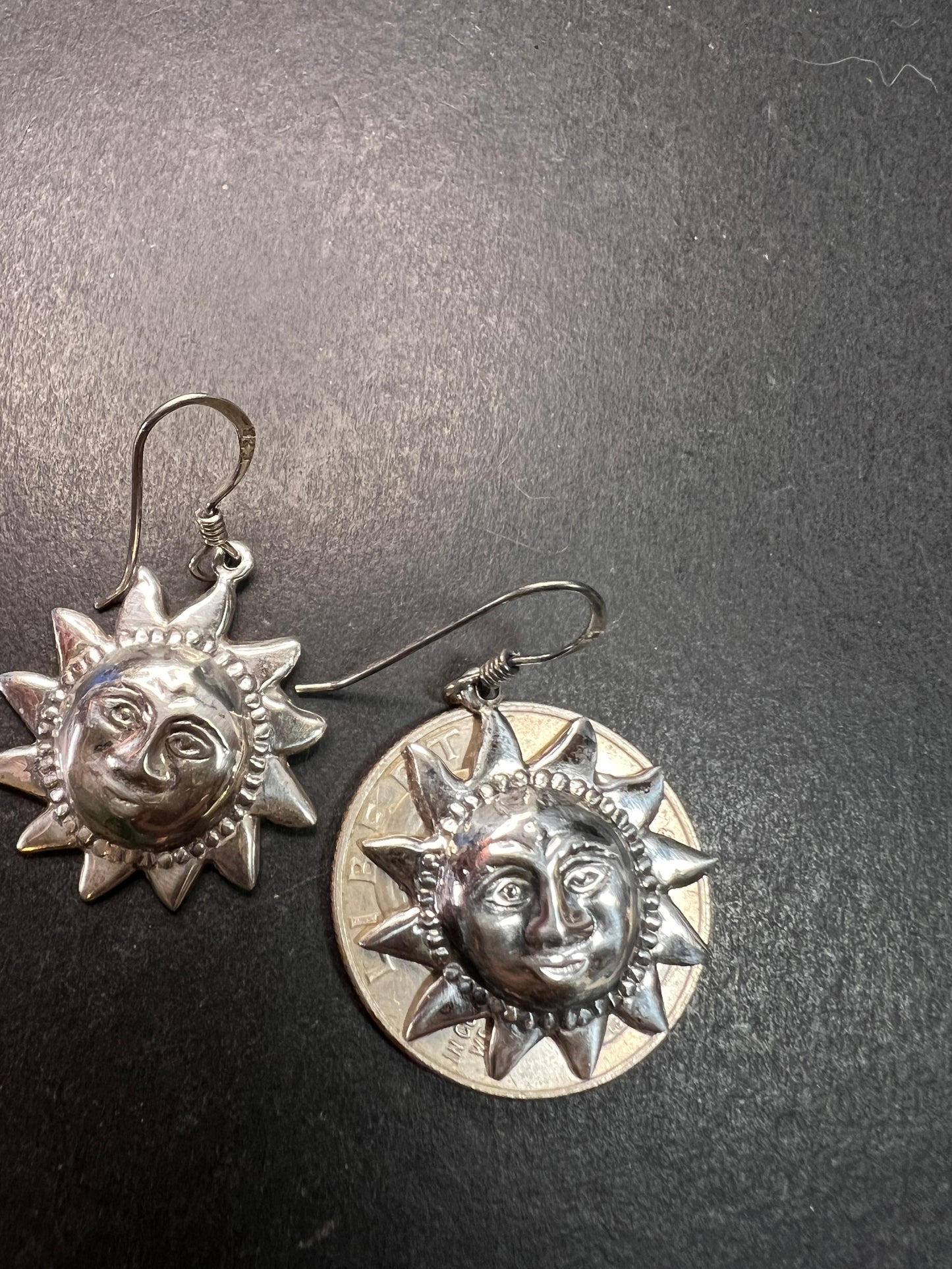 Vintage Sterling Silver Sun Face Dangle Earrings 925
