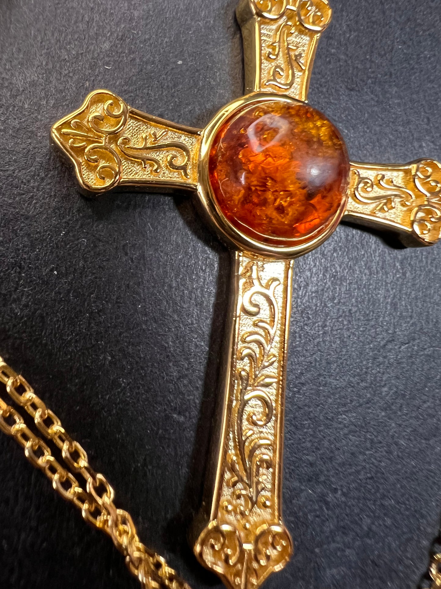 NEW Baltic Amber cross pendant in gold over sterling silver