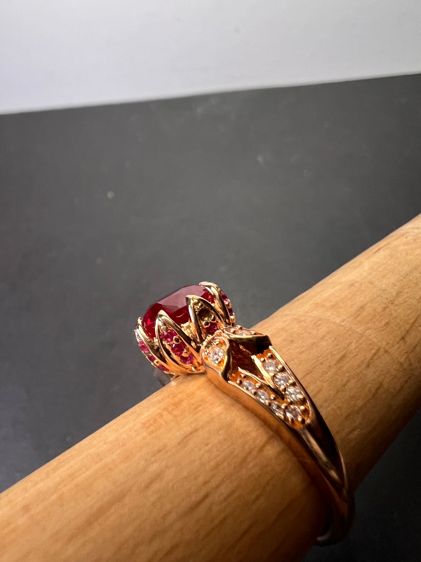 Lab Ruby and pink sapphire rose gold over sterling statement ring size 10