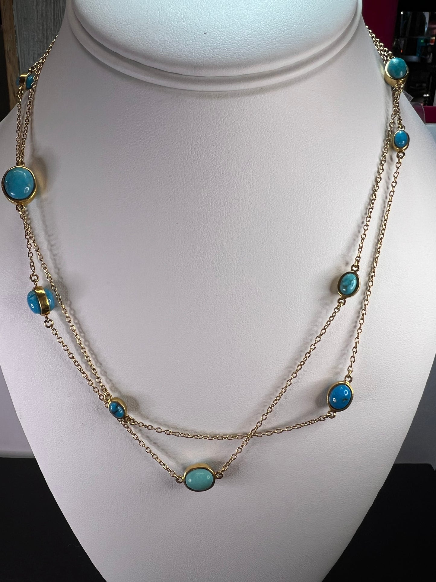 Turquoise 36 inch station necklace in vermeil yellow gold over sterling silver