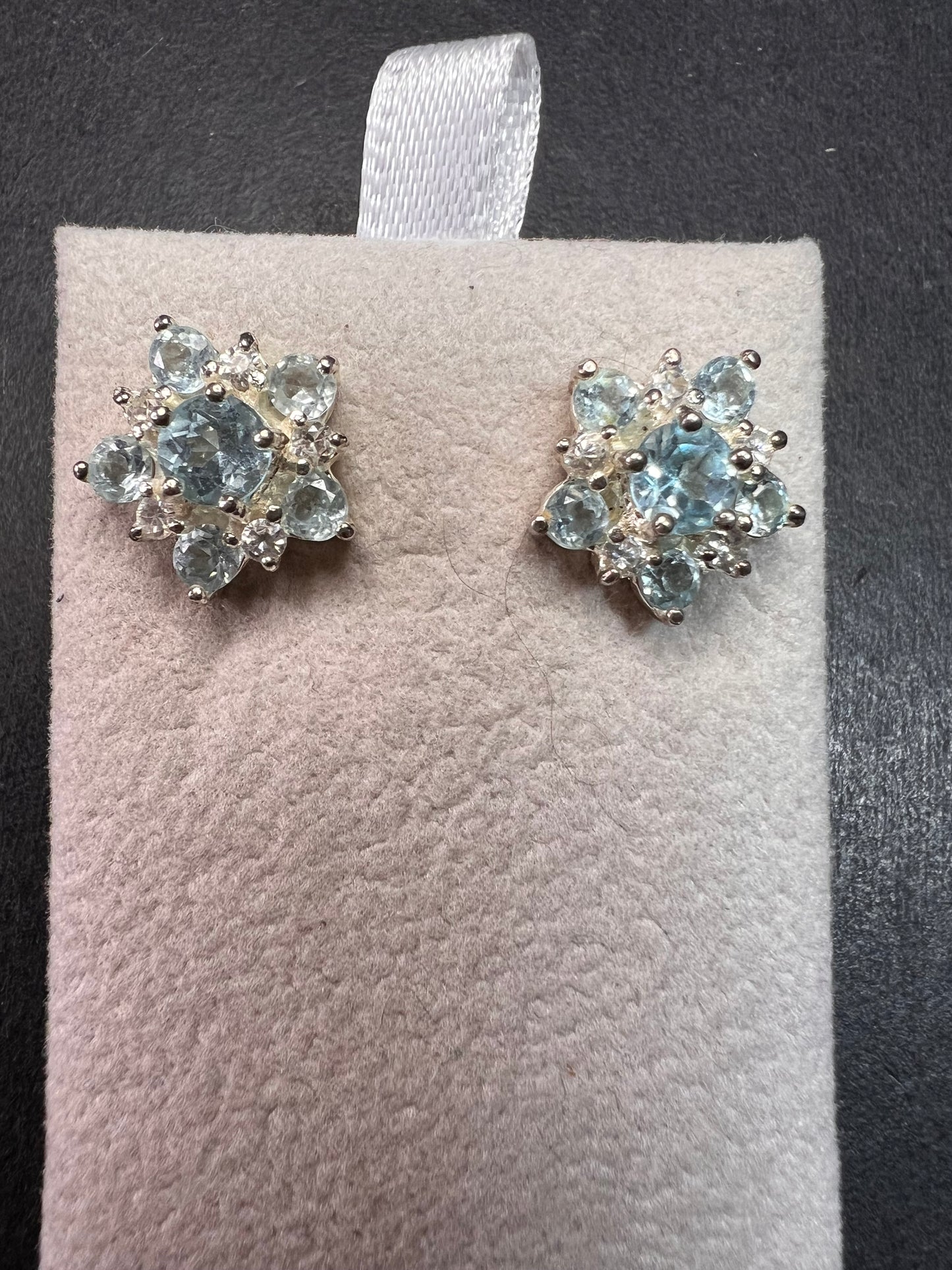 Vintage blue topaz and cz sterling silver snowflake stud earrings