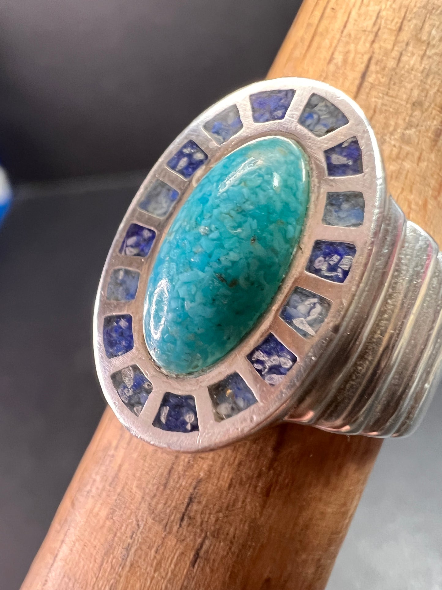 Vintage Sterling Silver Coleman Co. Turquoise & Lapis Mosaic Inlay Ring – Size 7